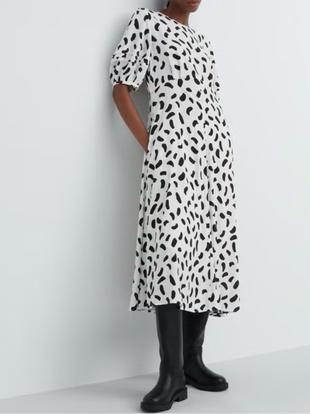 Uniqlo C White Black abstract Empire Balloon Puff Sleeve Midi Dress Small NWT